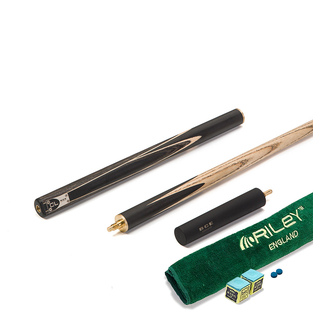BCE C8L - 3 Piece English Pool Cue 3/4 Cut - Layered Ebonised Black Wood with 9mm Tip - 145cm - Black/ Green/ Light Wood - with Deluxe Hard Case