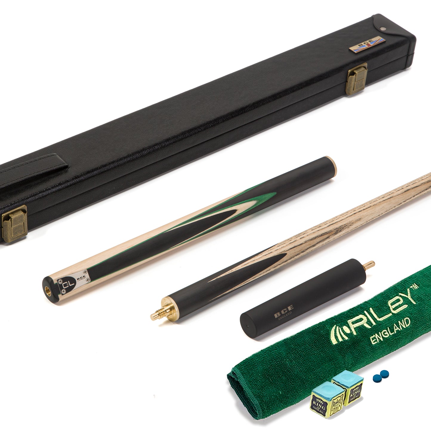 BCE C8L - 3 Piece English Pool Cue 3/4 Cut - Layered Ebonised Black Wood with 9mm Tip - 145cm - Black/ Light Wood - with Deluxe Hard Case