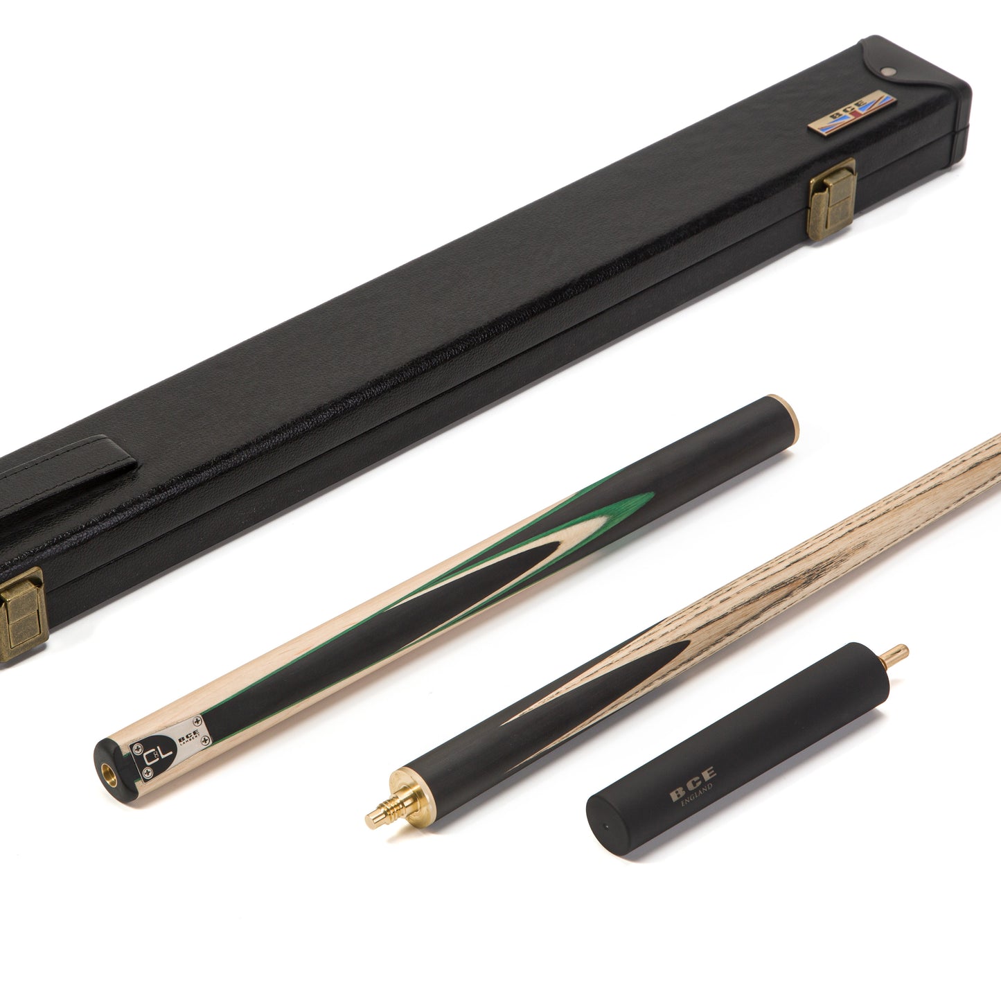 BCE C8L - 3 Piece English Pool Cue 3/4 Cut - Layered Ebonised Black Wood with 9mm Tip - 145cm - Black/ Light Wood - with Deluxe Hard Case