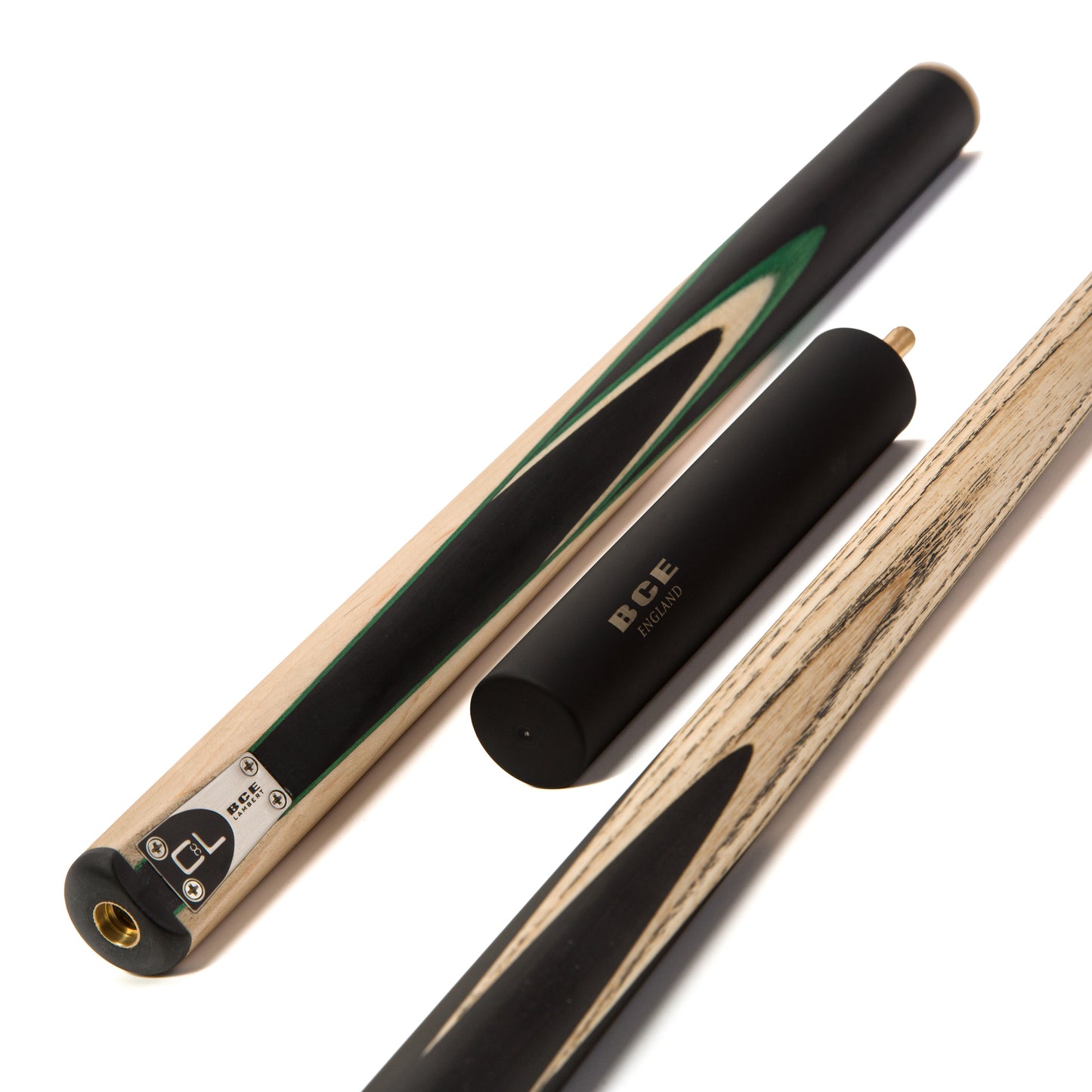BCE C8L - 3 Piece English Pool Cue 3/4 Cut - Layered Ebonised Black Wood with 9mm Tip - 145cm - Black/ Light Wood - with Deluxe Hard Case