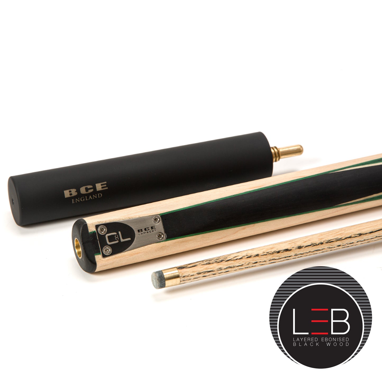 BCE C8L - 3 Piece English Pool Cue 3/4 Cut - Layered Ebonised Black Wood with 9mm Tip - 145cm - Black/ Light Wood - with Deluxe Hard Case