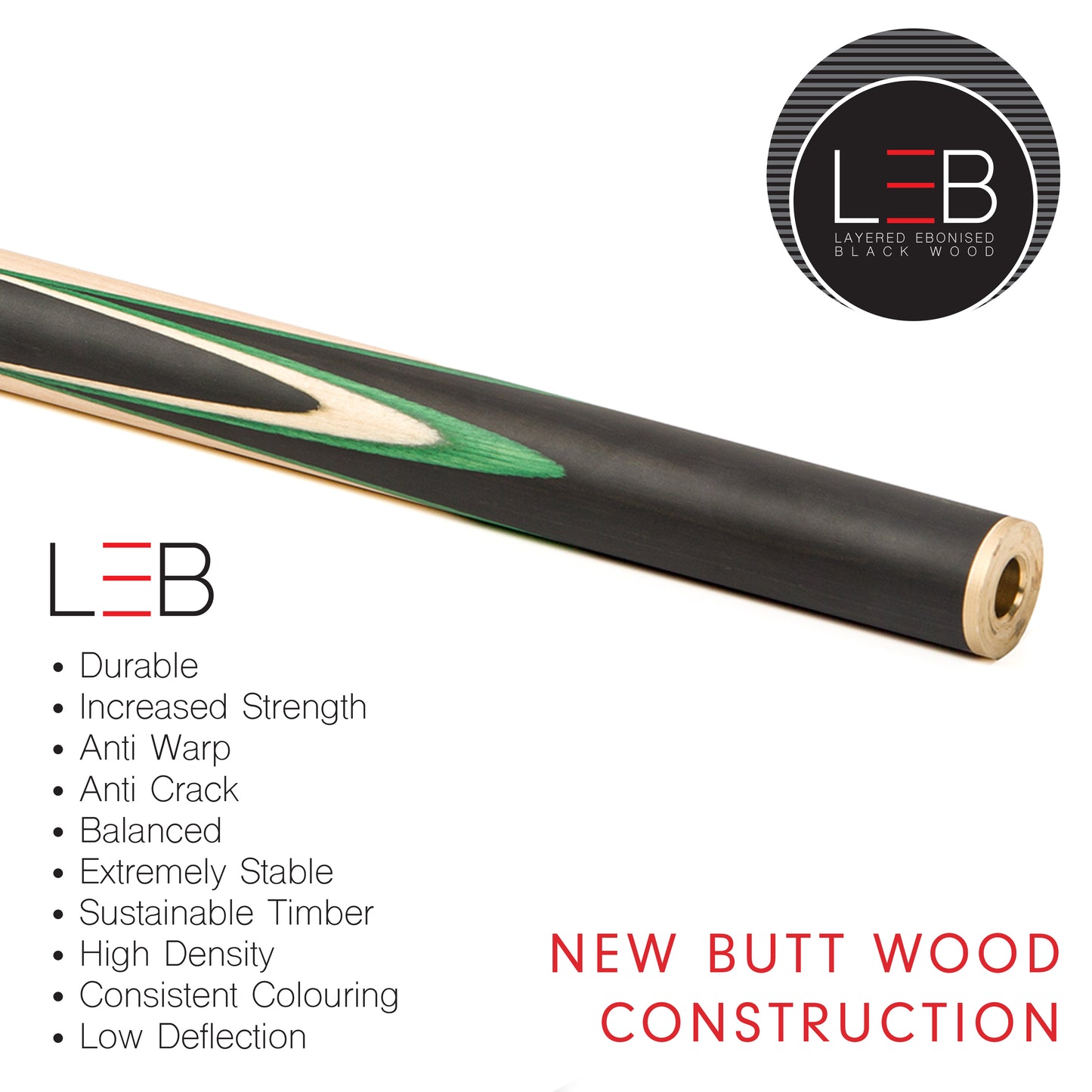 BCE C8L - 3 Piece English Pool Cue 3/4 Cut - Layered Ebonised Black Wood with 9mm Tip - 145cm - Black/ Light Wood - with Deluxe Hard Case