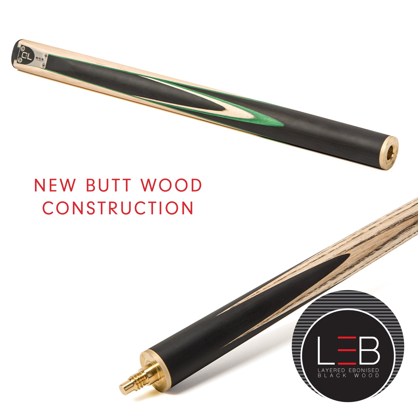 BCE C8L - 3 Piece English Pool Cue 3/4 Cut - Layered Ebonised Black Wood with 9mm Tip - 145cm - Black/ Light Wood - with Deluxe Hard Case