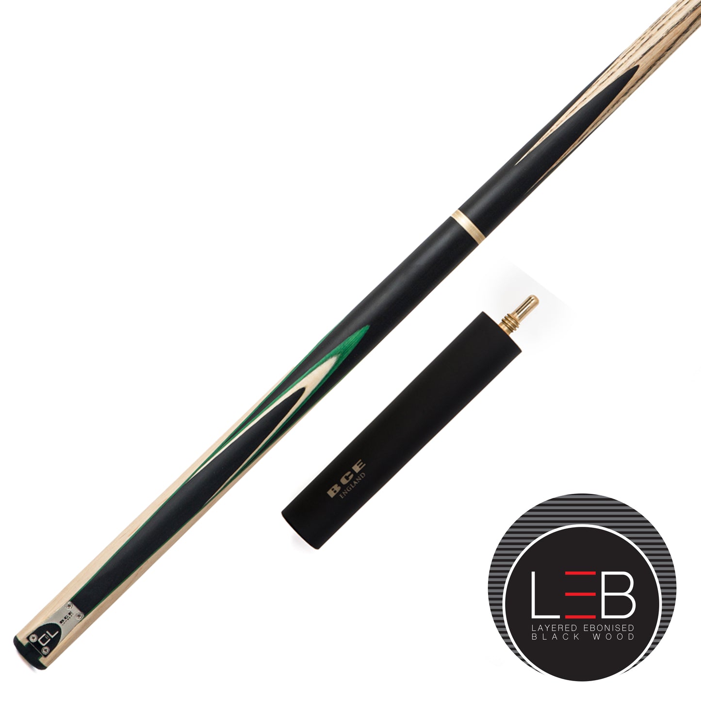 BCE C8L - 3 Piece English Pool Cue 3/4 Cut - Layered Ebonised Black Wood with 9mm Tip - 145cm - Black/ Light Wood - with Deluxe Hard Case