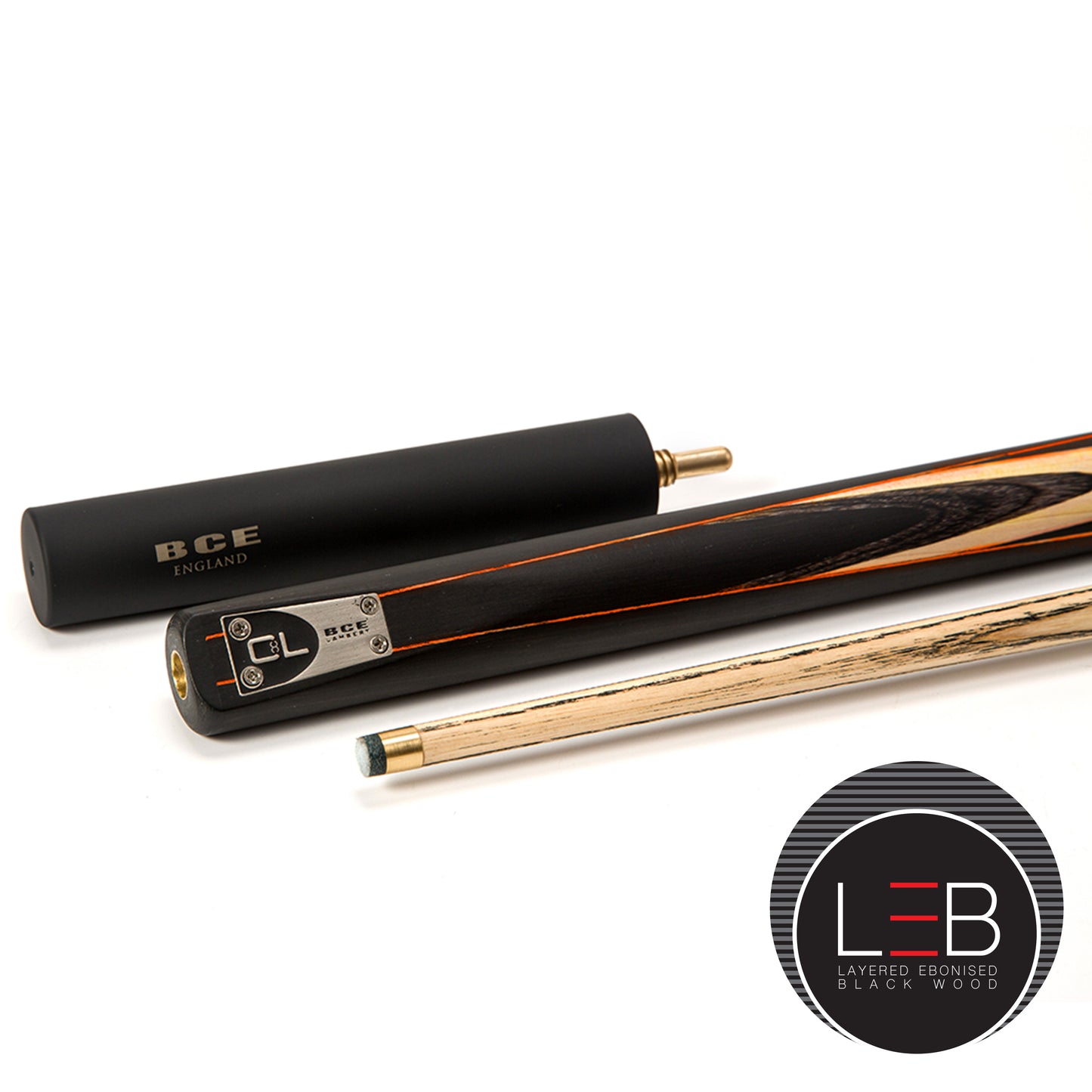 BCE C8L - 3 Piece English Pool Cue and Hard Case 3/4 Cut - Layered Ebonised Black Wood with 9mm Tip - 145cm - Black/ Orange/ Natural Wood - with Deluxe Hard Case