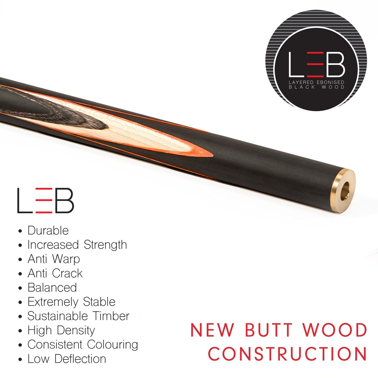 BCE C8L - 3 Piece English Pool Cue and Hard Case 3/4 Cut - Layered Ebonised Black Wood with 9mm Tip - 145cm - Black/ Orange/ Natural Wood - with Deluxe Hard Case