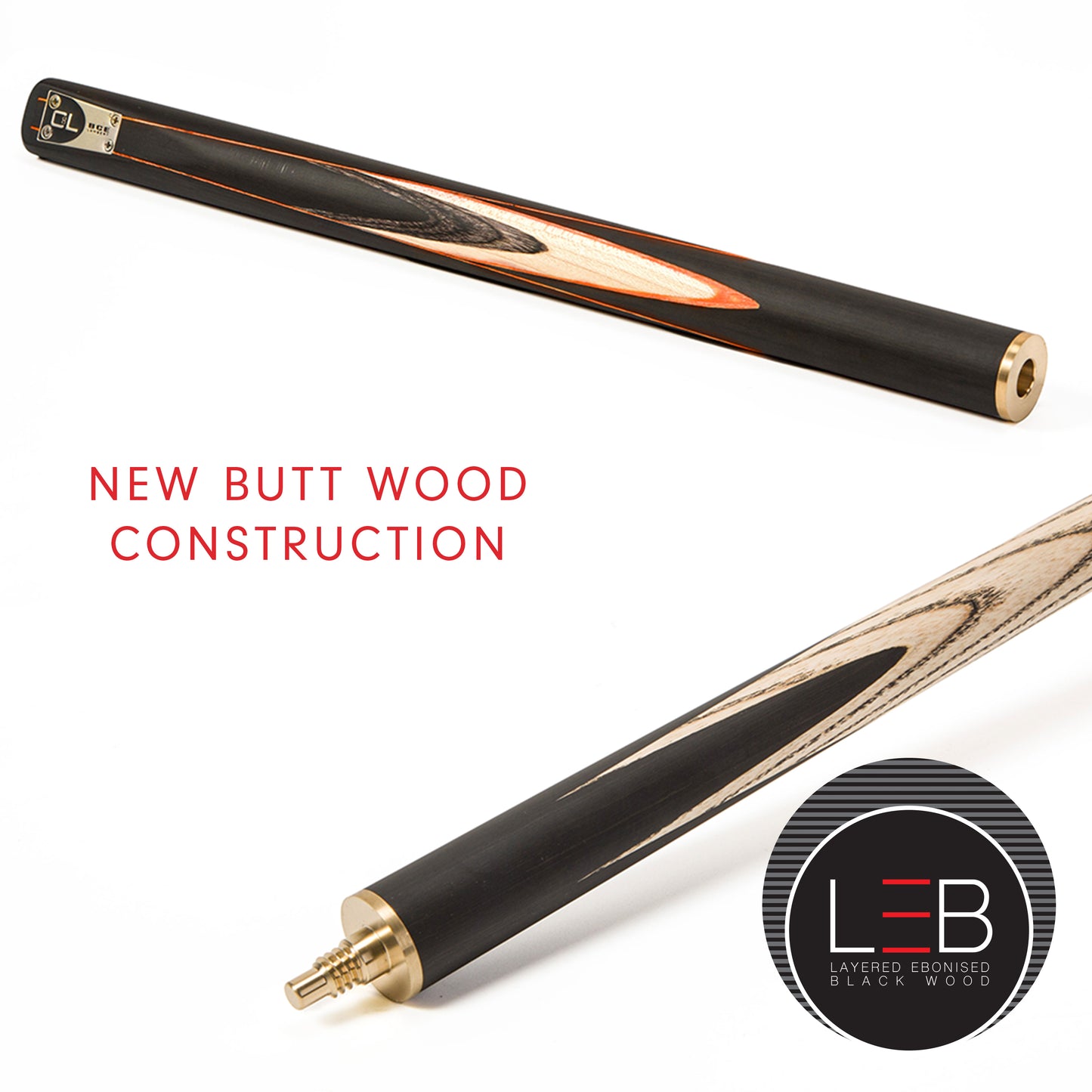 BCE C8L - 3 Piece English Pool Cue and Hard Case 3/4 Cut - Layered Ebonised Black Wood with 9mm Tip - 145cm - Black/ Orange/ Natural Wood - with Deluxe Hard Case