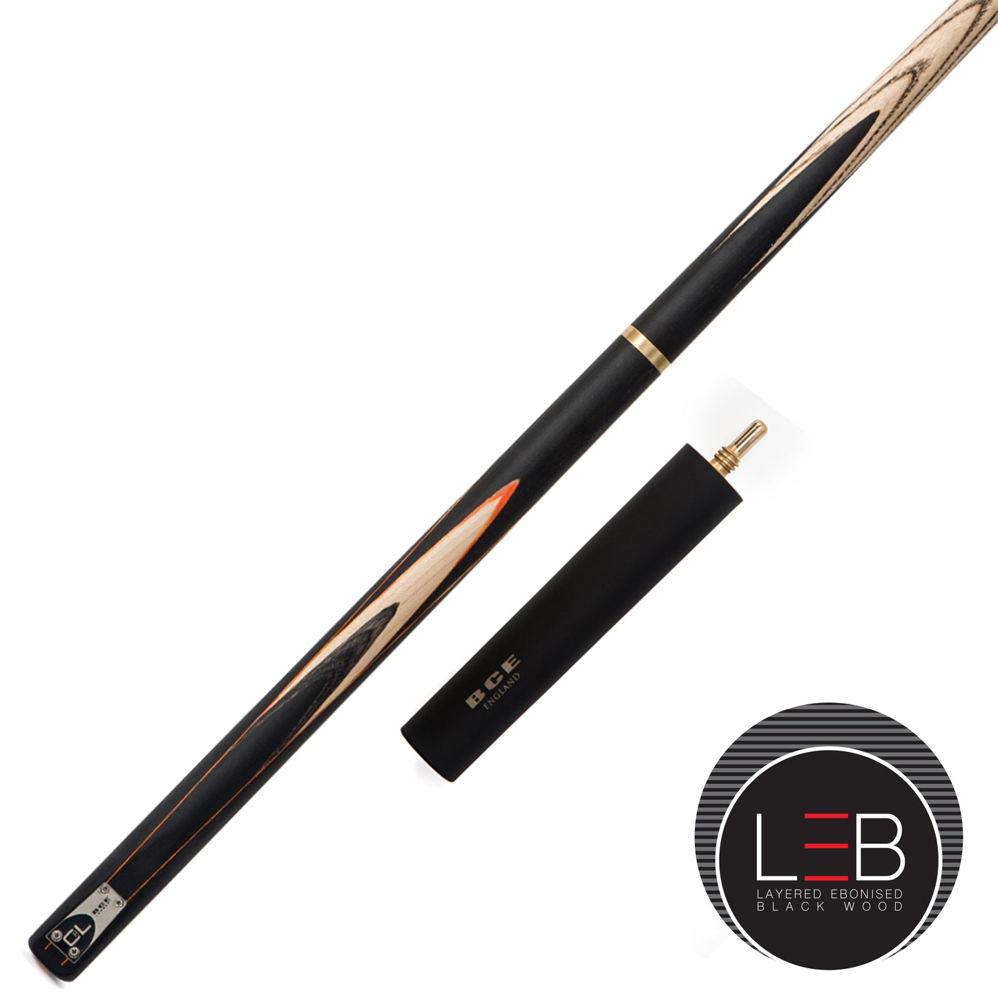 BCE C8L - 3 Piece English Pool Cue and Hard Case 3/4 Cut - Layered Ebonised Black Wood with 9mm Tip - 145cm - Black/ Orange/ Natural Wood - with Deluxe Hard Case