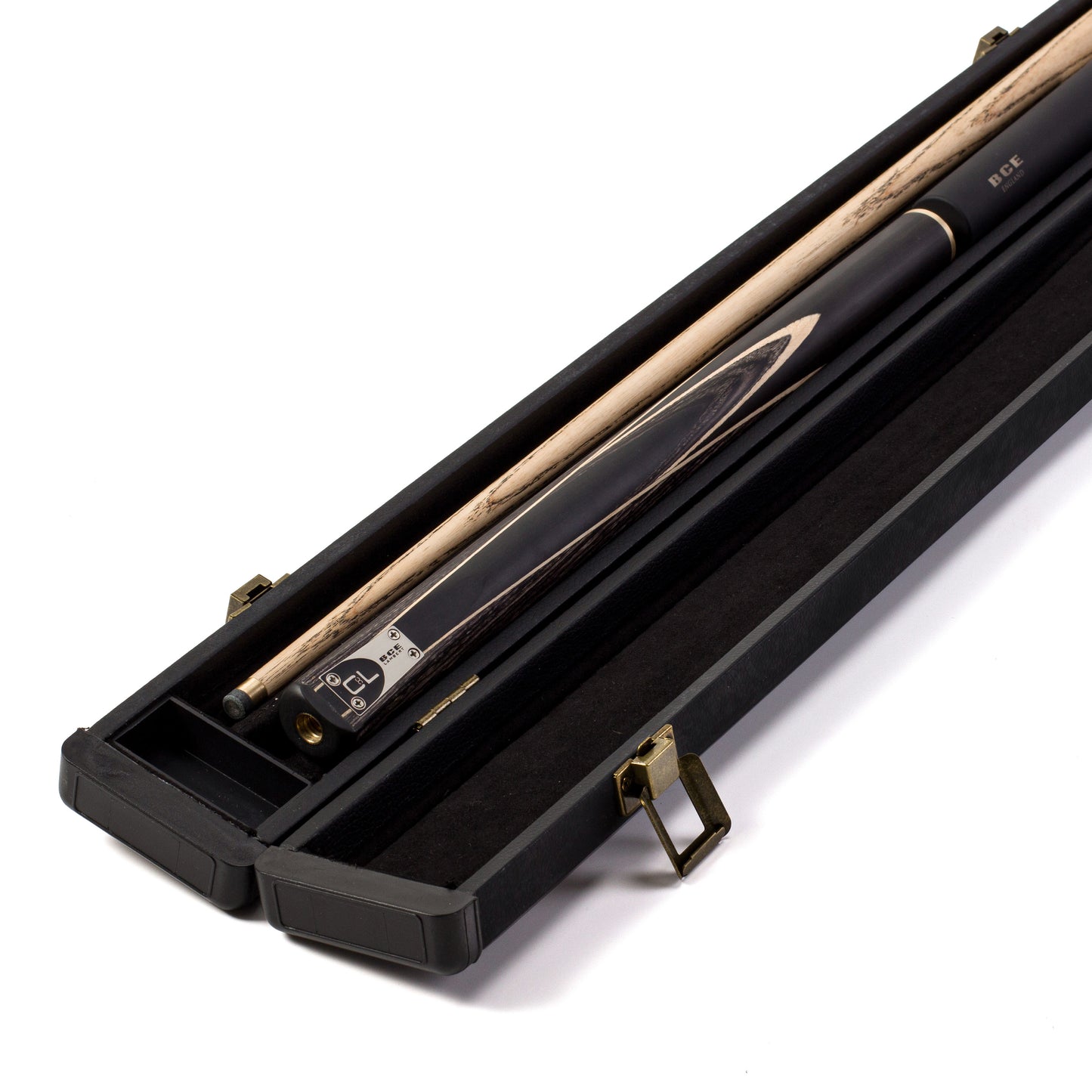 BCE C8L - 3 Piece English Pool Cue 3/4 Cut - Layered Ebonised Black Wood with 9mm Tip - 145cm - Black/ Green/ Light Wood - with Deluxe Hard Case