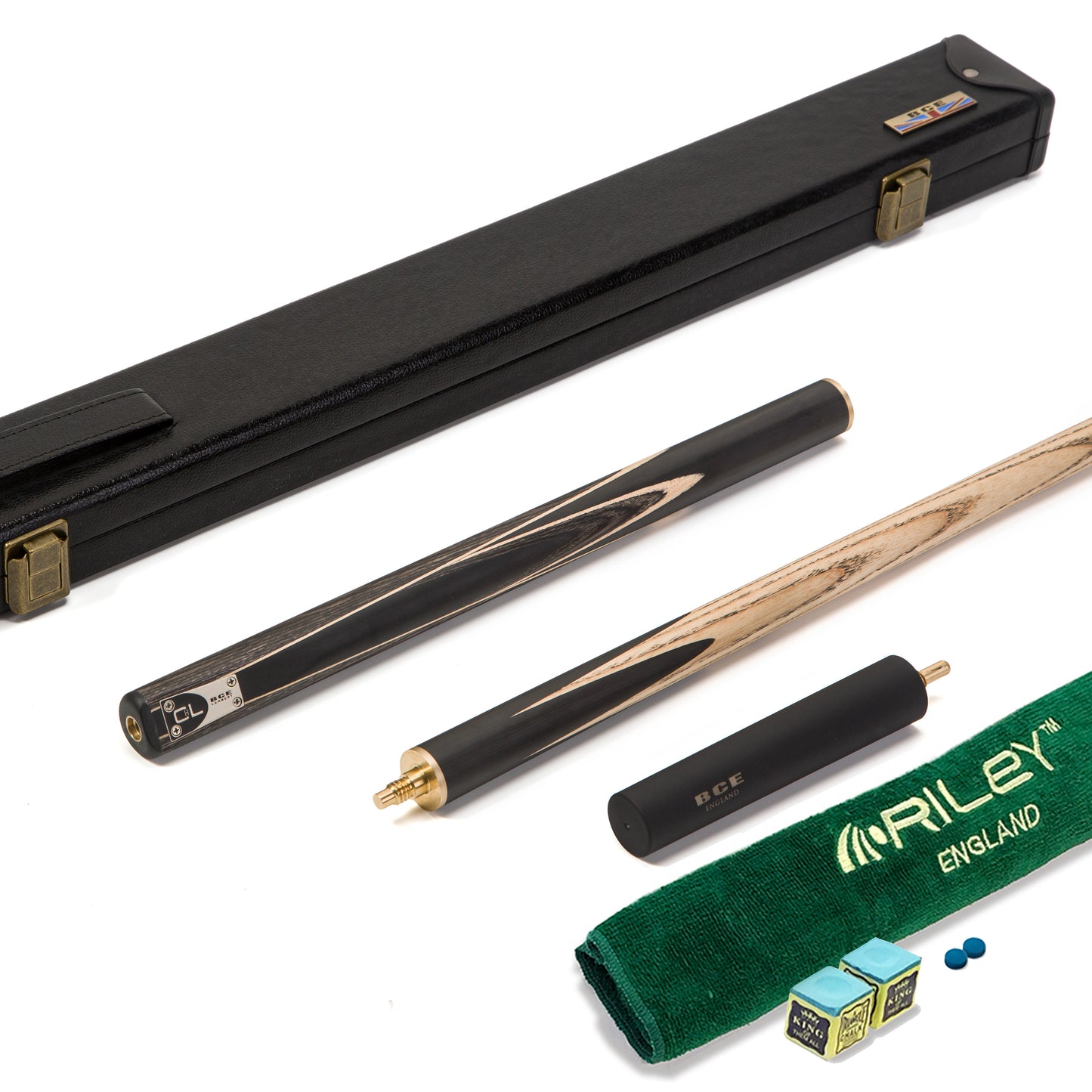 BCE C8L - 3 Piece English Pool Cue 3/4 Cut - Layered Ebonised Black Wood with 9mm Tip - 145cm - Black/ Green/ Light Wood - with Deluxe Hard Case