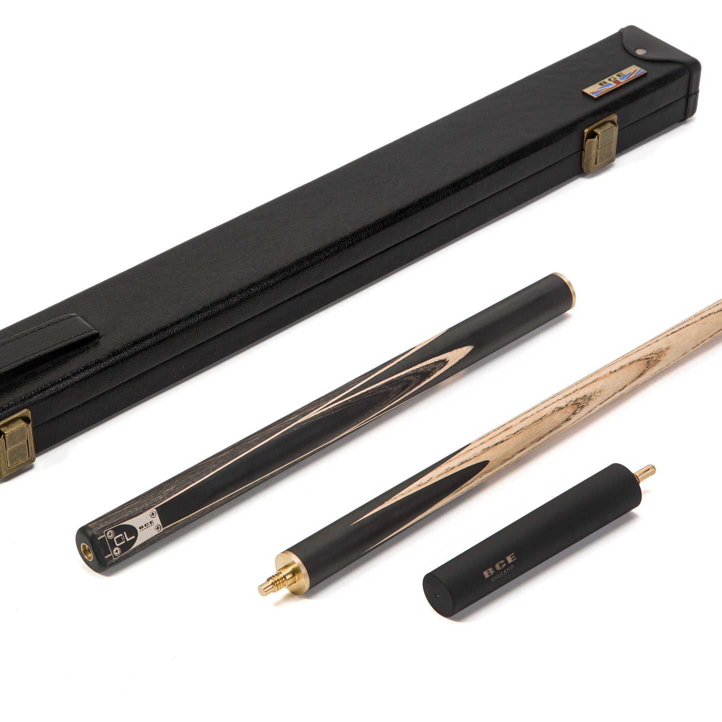 BCE C8L - 3 Piece English Pool Cue 3/4 Cut - Layered Ebonised Black Wood with 9mm Tip - 145cm - Black/ Green/ Light Wood - with Deluxe Hard Case