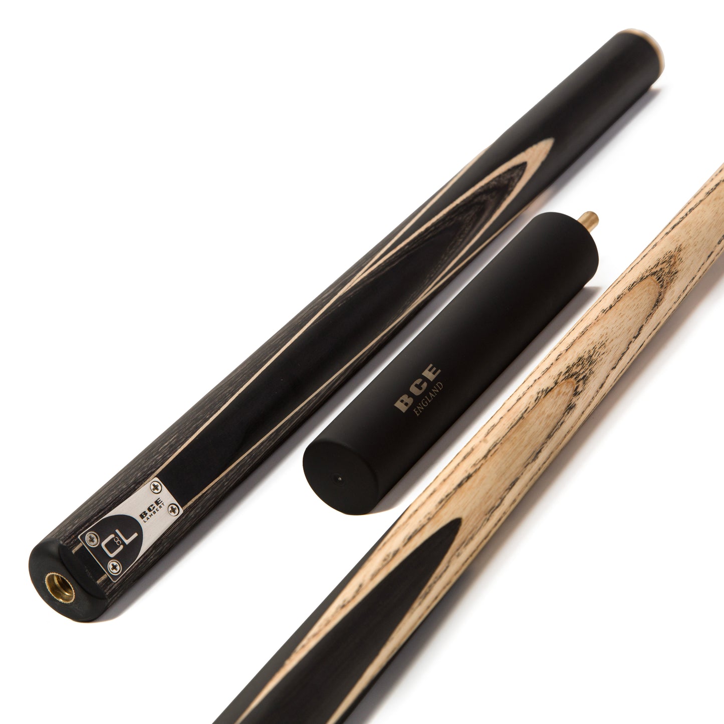 BCE C8L - 3 Piece English Pool Cue 3/4 Cut - Layered Ebonised Black Wood with 9mm Tip - 145cm - Black/ Green/ Light Wood - with Deluxe Hard Case