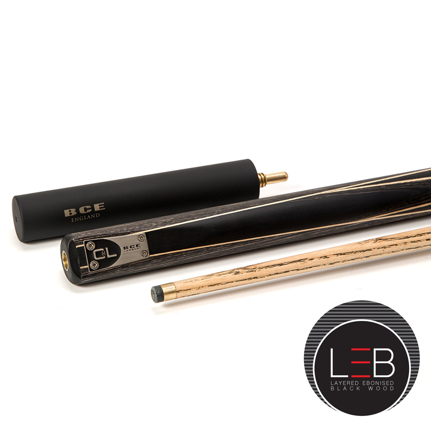 BCE C8L - 3 Piece English Pool Cue 3/4 Cut - Layered Ebonised Black Wood with 9mm Tip - 145cm - Black/ Green/ Light Wood - with Deluxe Hard Case