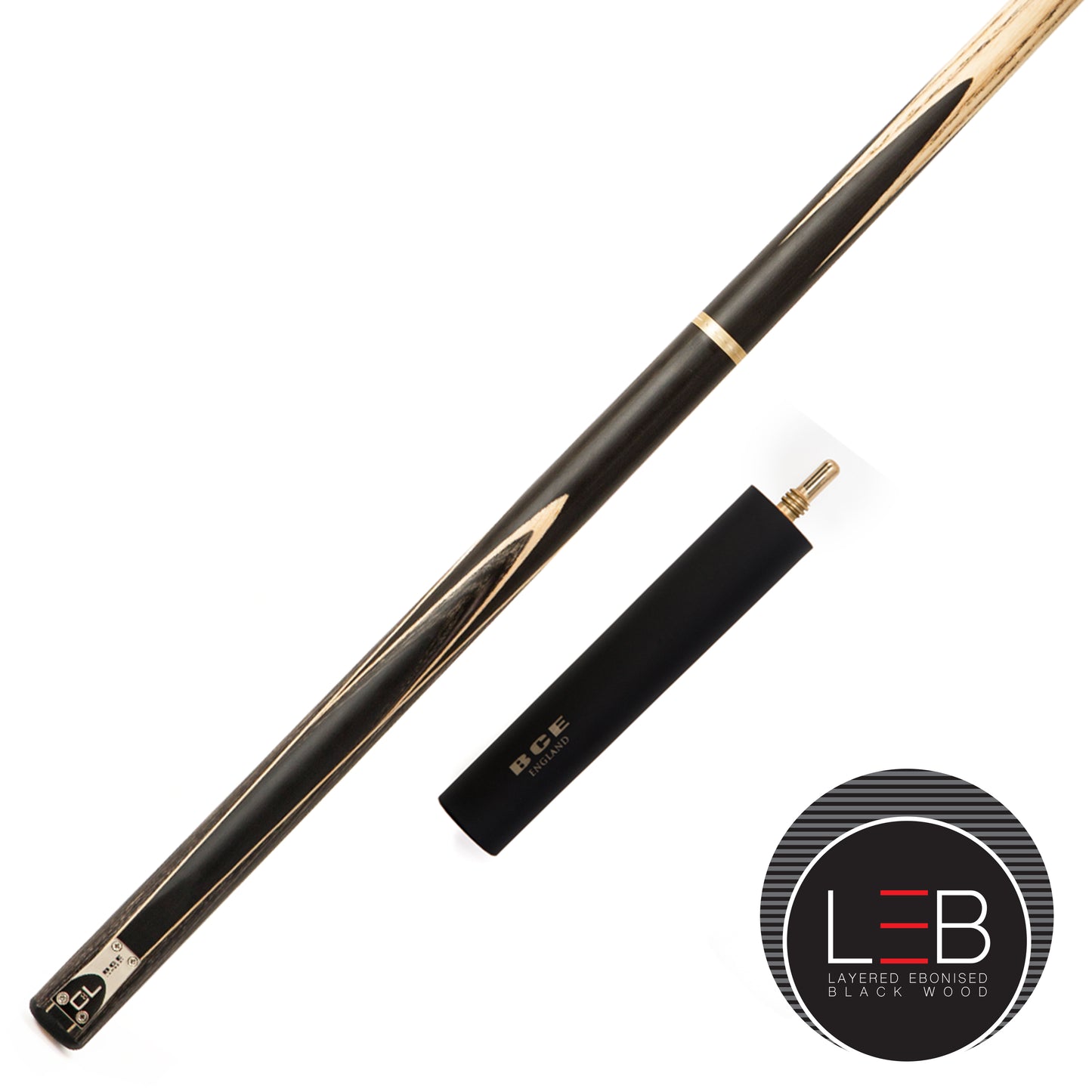 BCE C8L - 3 Piece English Pool Cue 3/4 Cut - Layered Ebonised Black Wood with 9mm Tip - 145cm - Black/ Green/ Light Wood - with Deluxe Hard Case