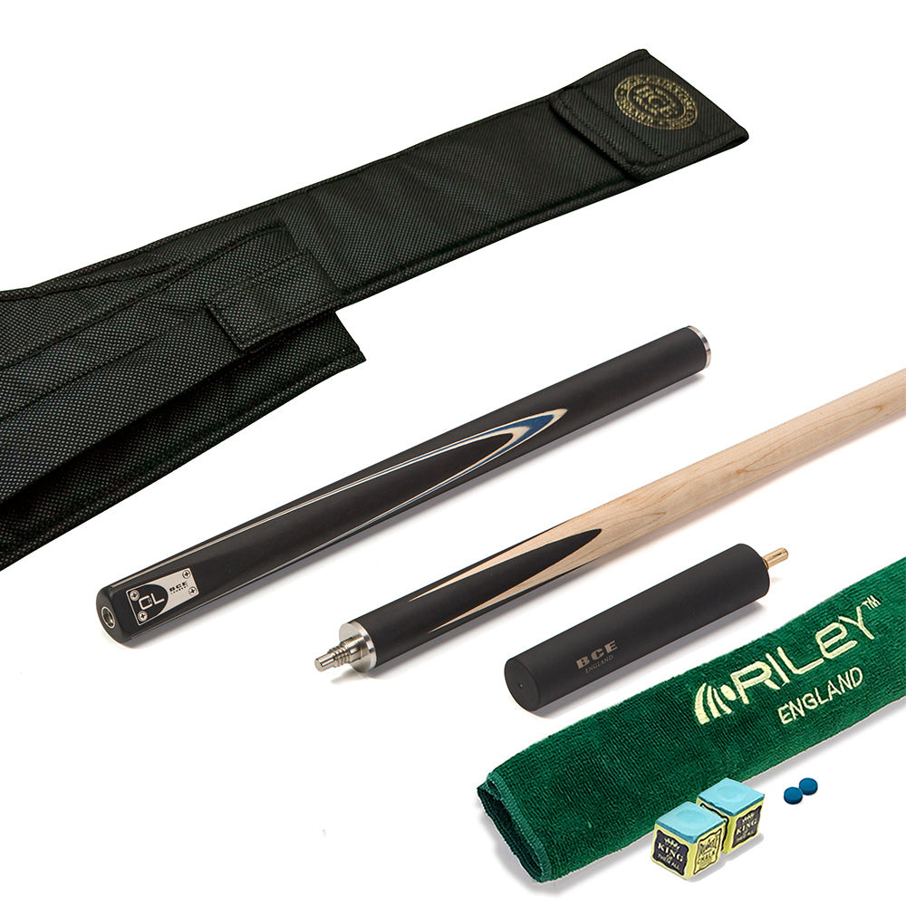 BCE C8L Victory Replica - 3 Piece English Pool Cue 3/4 Cut - Layered Ebonised Black Wood with 9mm Tip - 145cm - Black/ Blue - with Deluxe Hard Case