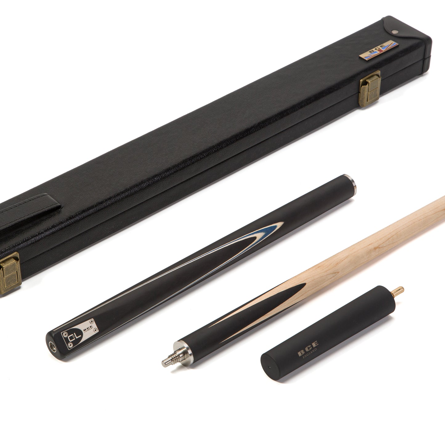 BCE C8L Victory Replica - 3 Piece English Pool Cue 3/4 Cut - Layered Ebonised Black Wood with 9mm Tip - 145cm - Black/ Blue - with Deluxe Hard Case