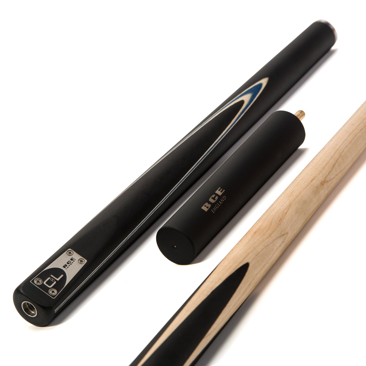 BCE C8L Victory Replica - 3 Piece English Pool Cue 3/4 Cut - Layered Ebonised Black Wood with 9mm Tip - 145cm - Black/ Blue - with Deluxe Hard Case
