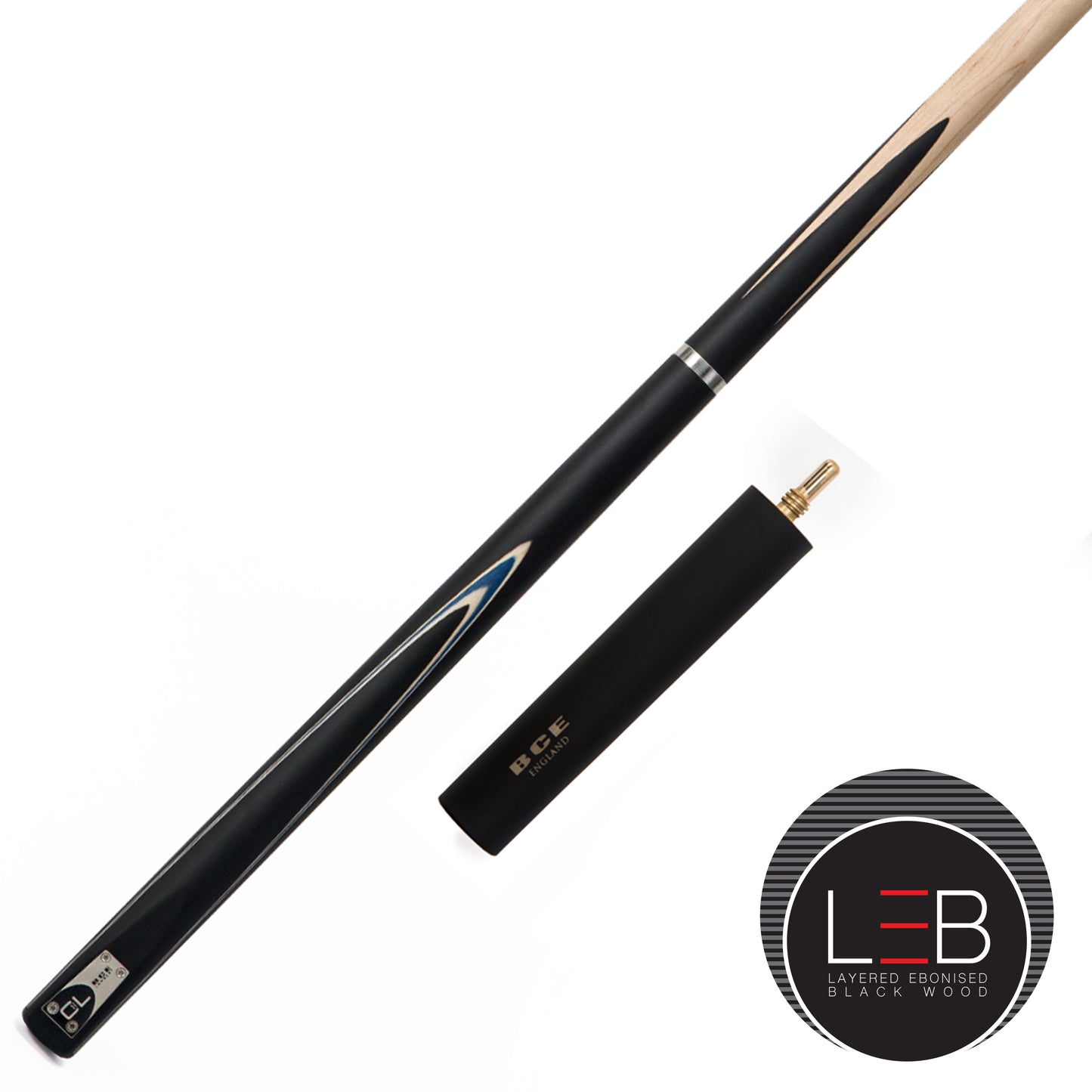 BCE C8L Victory Replica - 3 Piece English Pool Cue 3/4 Cut - Layered Ebonised Black Wood with 9mm Tip - 145cm - Black/ Blue - with Deluxe Hard Case