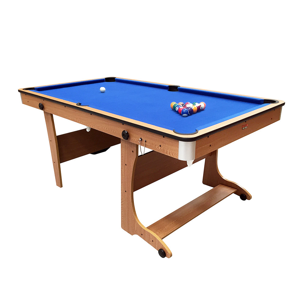 BCE 6ft Folding 2 in 1 Pool Table with Dartboard - Blue Cloth/ Beech Finish - Folds Vertically