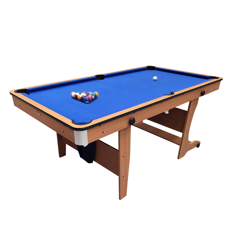 BCE 6ft Folding 2 in 1 Pool Table with Dartboard - Blue Cloth/ Beech Finish - Folds Vertically