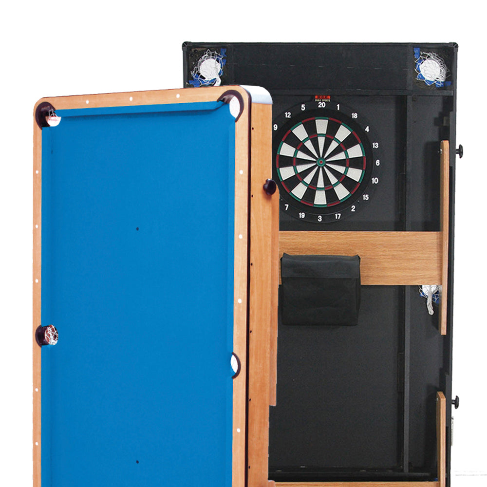 BCE 6ft Folding 2 in 1 Pool Table with Dartboard - Blue Cloth/ Beech Finish - Folds Vertically