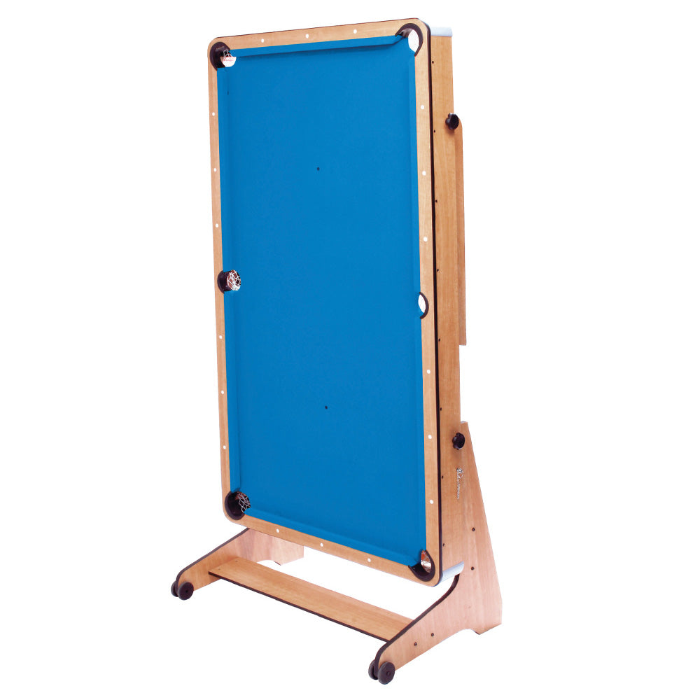 BCE 6ft Folding 2 in 1 Pool Table with Dartboard - Blue Cloth/ Beech Finish - Folds Vertically