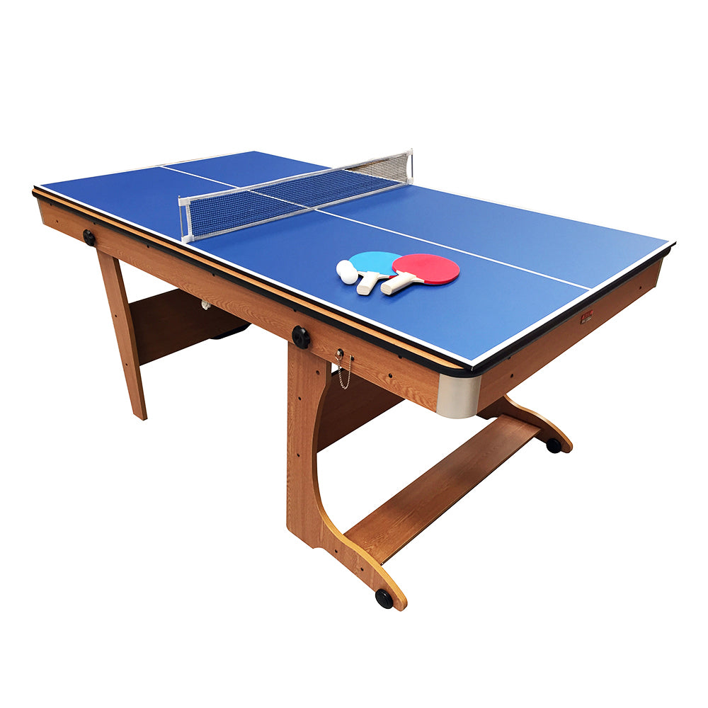 BCE 6ft Folding 3 in 1 Pool Table with Table Tennis Top and Dartboard - Blue Cloth/ Beech Finish - Folds Vertically