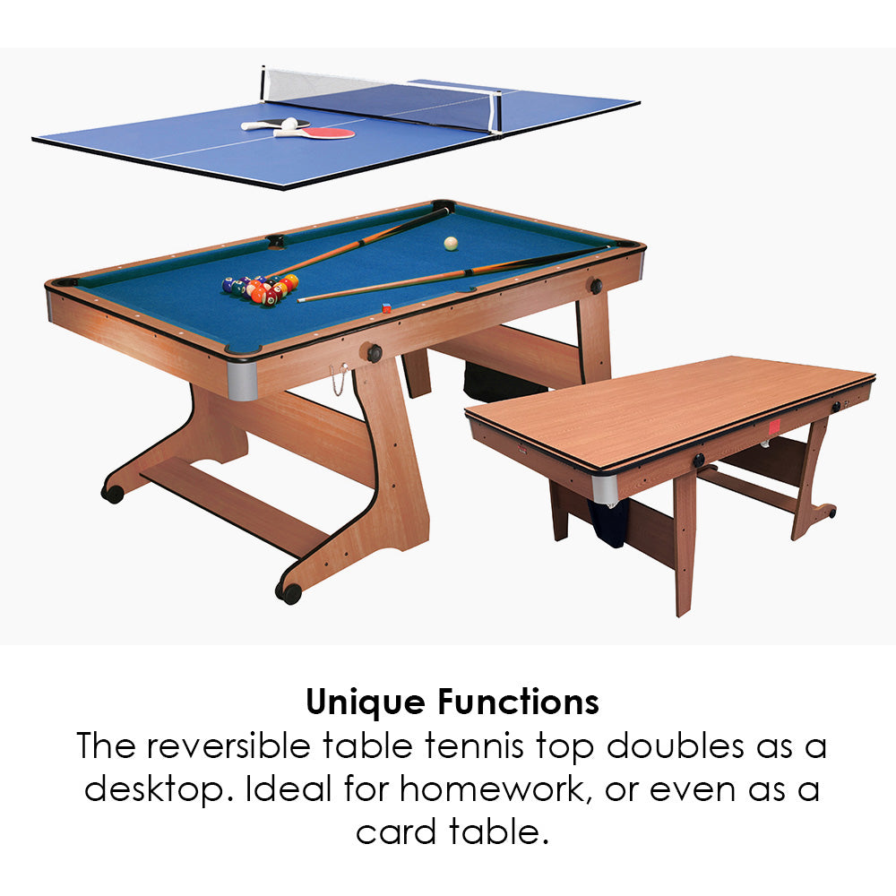 BCE 6ft Folding 3 in 1 Pool Table with Table Tennis Top and Dartboard - Blue Cloth/ Beech Finish - Folds Vertically