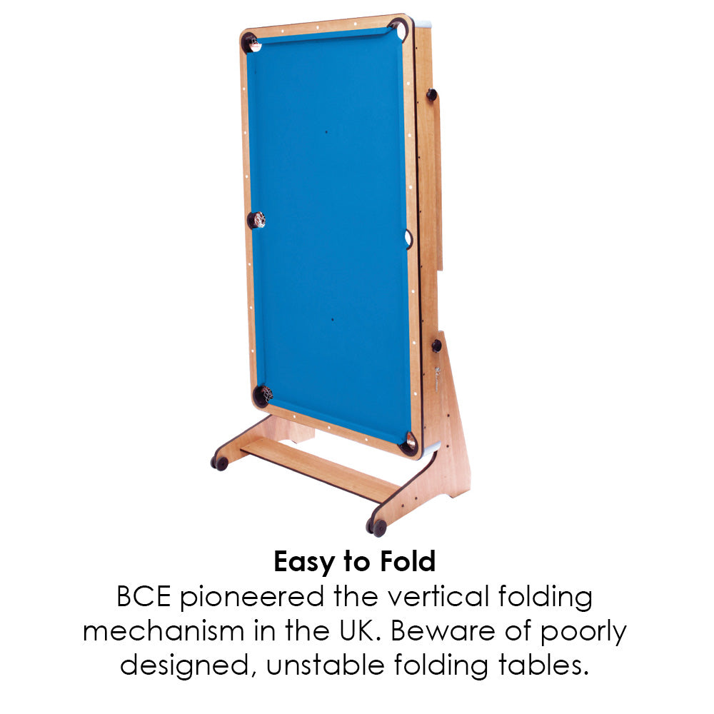 BCE 6ft Folding 2 in 1 Pool Table with Dartboard - Blue Cloth/ Beech Finish - Folds Vertically