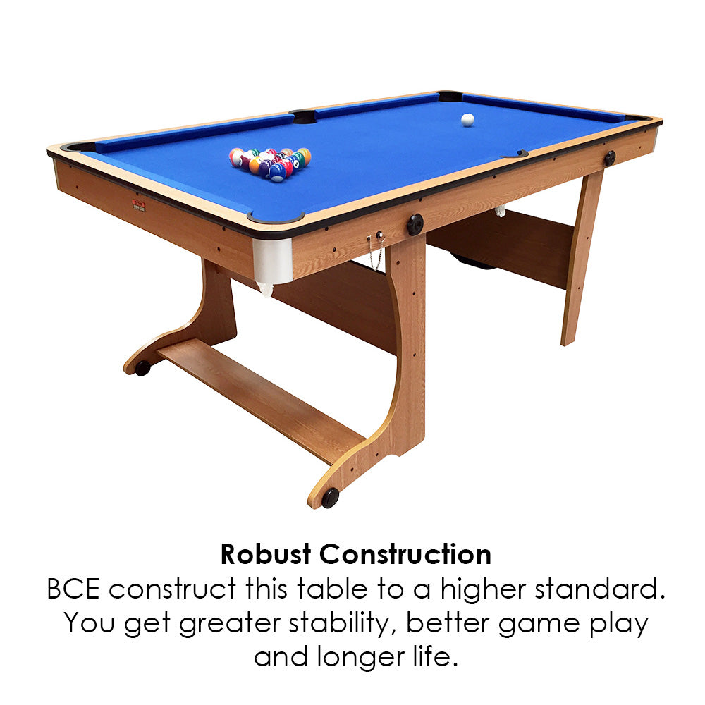 BCE 6ft Folding 2 in 1 Pool Table with Dartboard - Blue Cloth/ Beech Finish - Folds Vertically