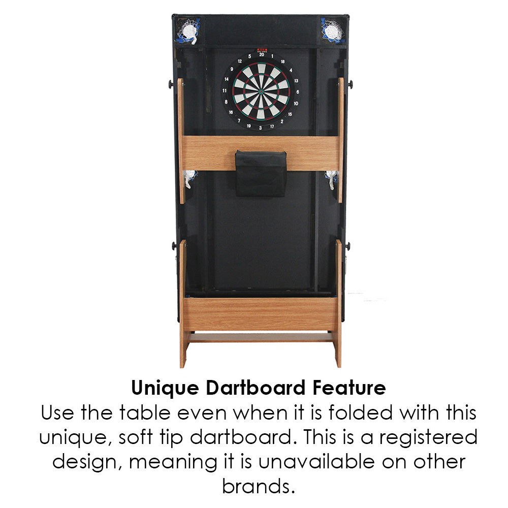 BCE 6ft Folding 2 in 1 Pool Table with Dartboard - Blue Cloth/ Beech Finish - Folds Vertically