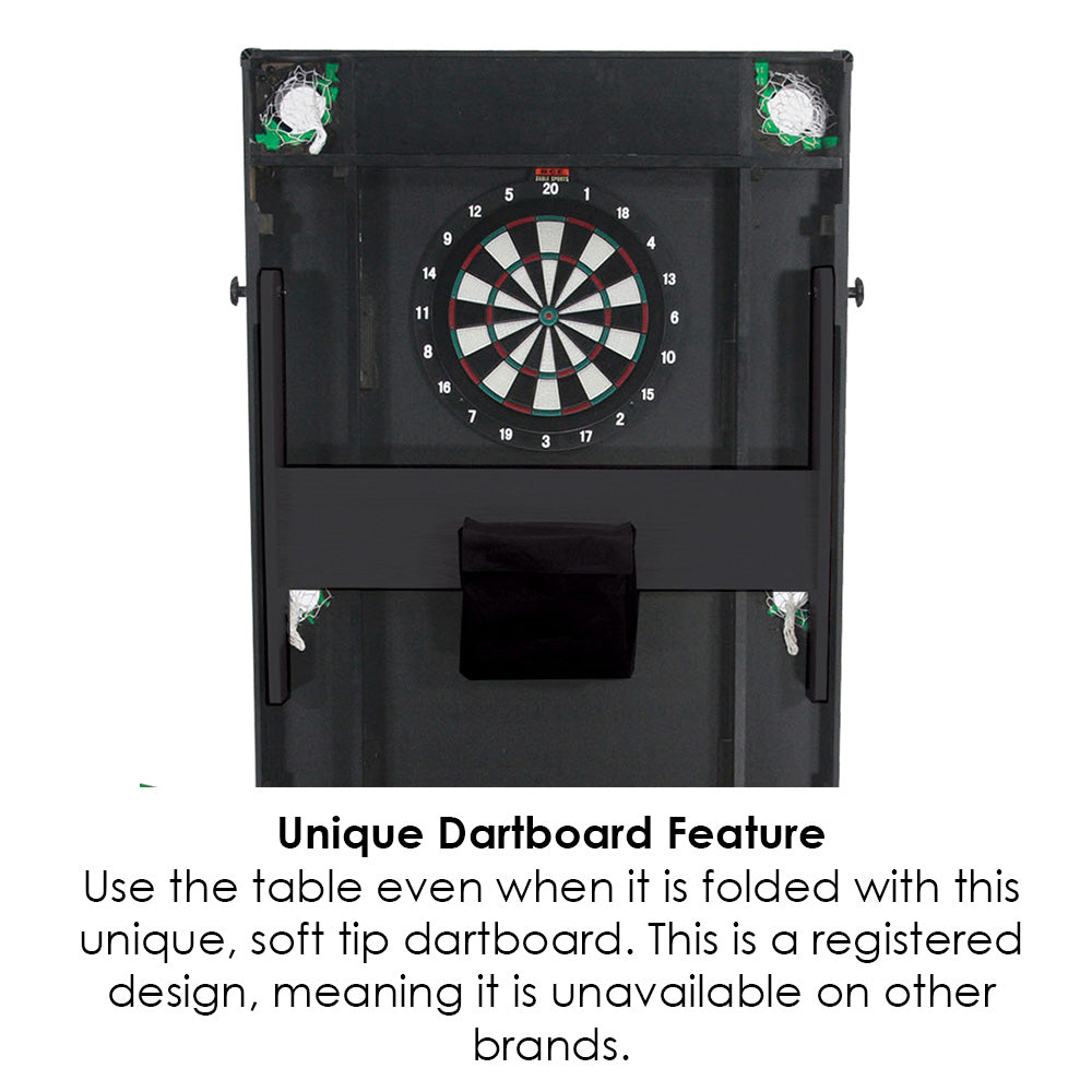 Riley 6ft 4 in 1 Folding Snooker Table - Snooker, Pool, Dartboard and Table Tennis Top - Black/Wood Effect with Green Cloth - Folds Vertically