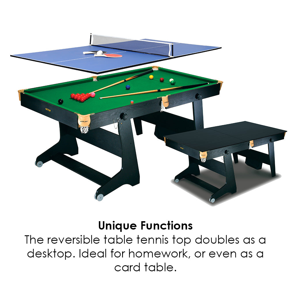 Riley 6ft 4 in 1 Folding Snooker Table - Snooker, Pool, Dartboard and Table Tennis Top - Black/Wood Effect with Green Cloth - Folds Vertically
