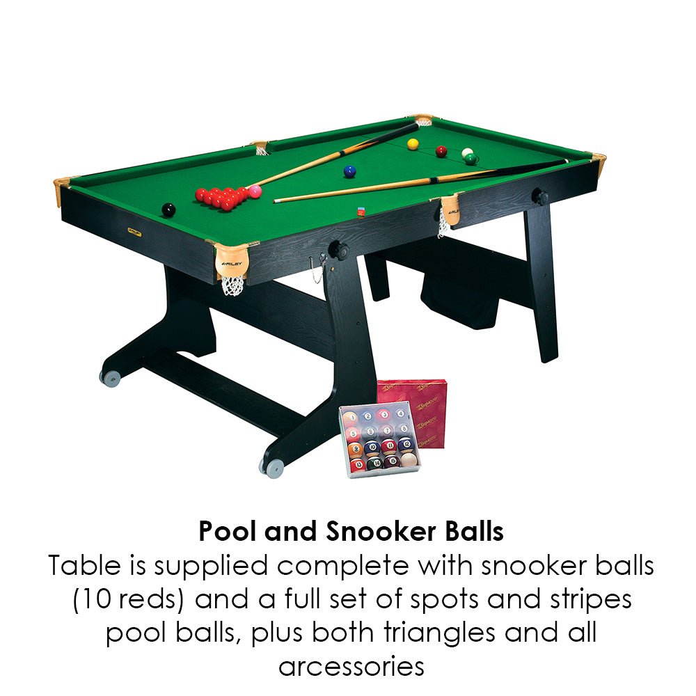 Riley 6ft 4 in 1 Folding Snooker Table - Snooker, Pool, Dartboard and Table Tennis Top - Black/Wood Effect with Green Cloth - Folds Vertically