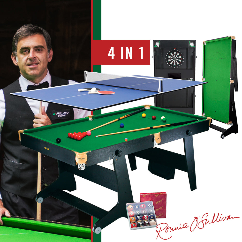 Riley 6ft 4 in 1 Folding Snooker Table - Snooker, Pool, Dartboard and Table Tennis Top - Black/Wood Effect with Green Cloth - Folds Vertically