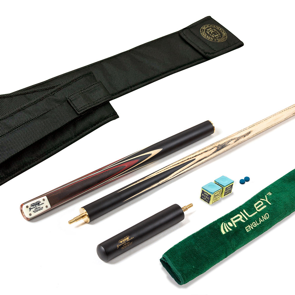 BCE 3 Piece Grand Master Snooker Cue - 3/4 Cut Cue - Layered Ebonised Black Wood Butt - 9.5mm Tip - 145cm - Black/ Red/ Natural