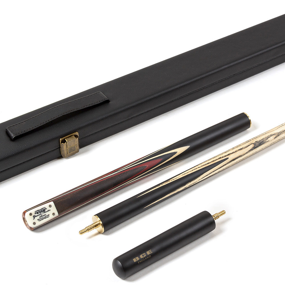 BCE 3 Piece Grand Master Snooker Cue and Hard Case 3/4 Cut- Layered Ebonised Black Wood Butt - 9.5mm Tip - 145cm - Black/ Red/ Natural
