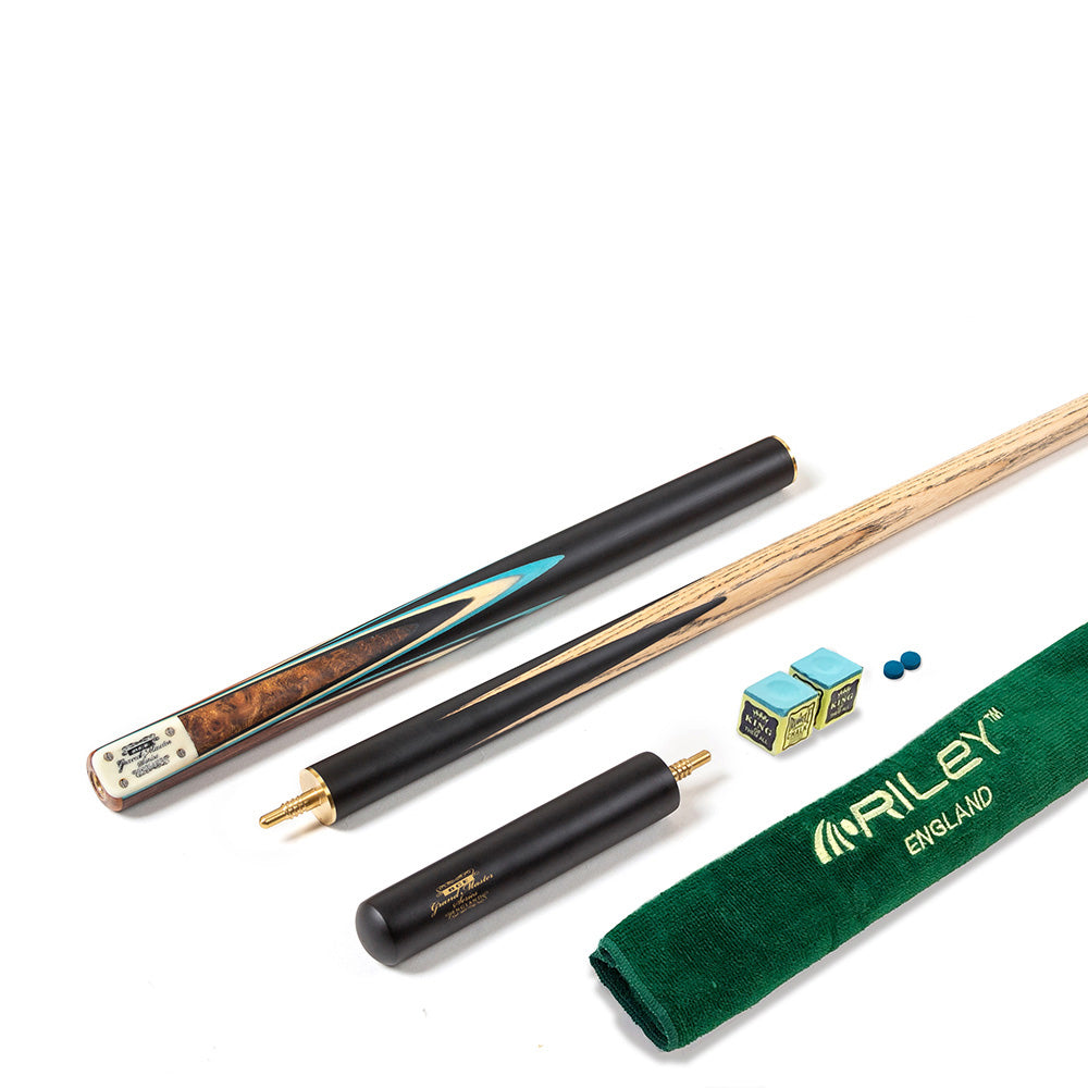 BCE 3 Piece Grand Master Snooker Cue and Hard Case 3/4 Cut- Layered Ebonised Black Wood Butt - 9.5mm Tip - 145cm - Black/ Blue/ Natural