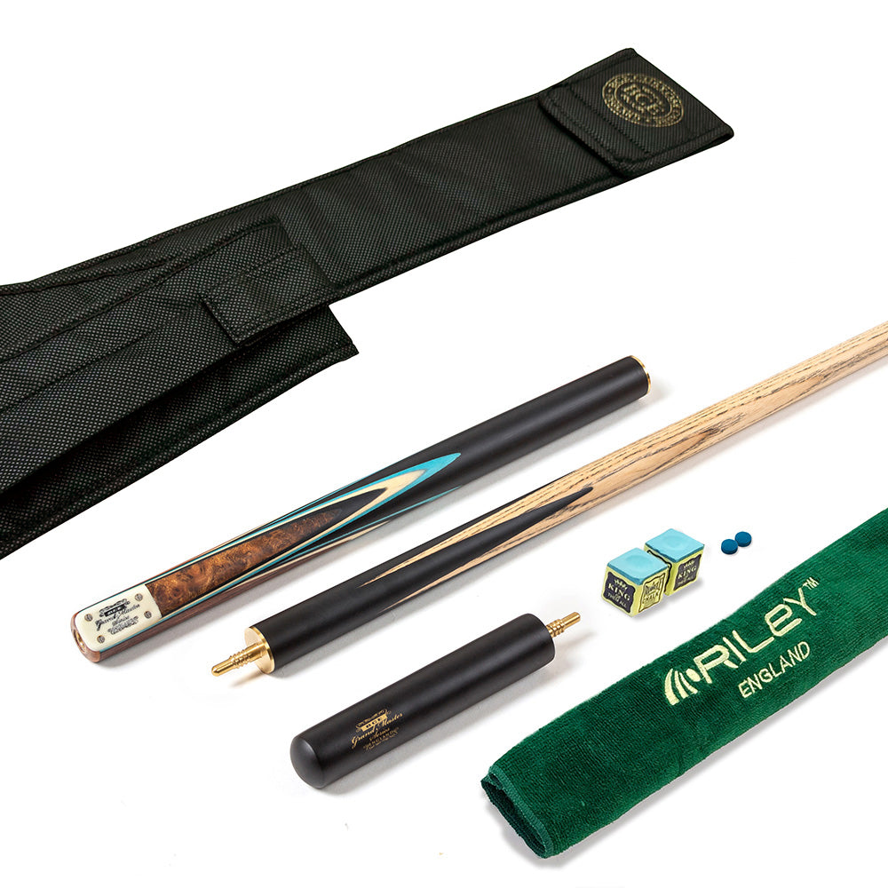 BCE 3 Piece Grand Master Snooker Cue - 3/4 Cut Cue - Layered Ebonised Black Wood Butt - 9.5mm Tip - 145cm - Black/ Blue/ Natural