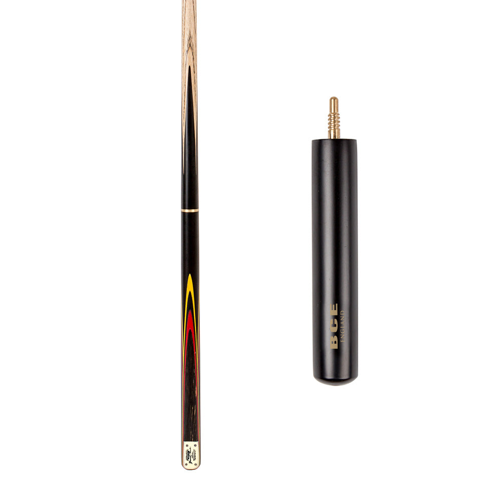 BCE 3 Piece Grand Master Snooker Cue - 3/4 Cut Cue - Layered Ebonised Black Wood Butt - 9.5mm Tip - 145cm - Black/Red/ Yellow