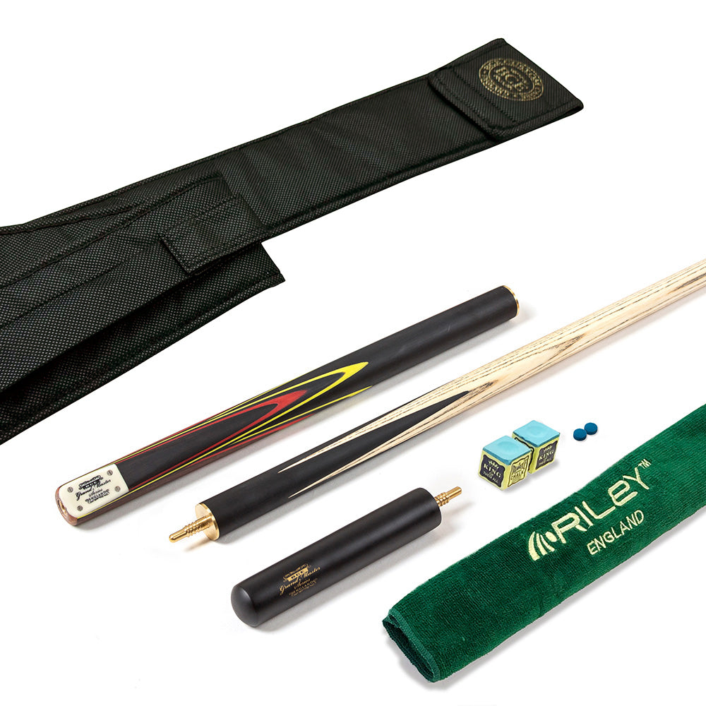 BCE 3 Piece Grand Master Snooker Cue - 3/4 Cut Cue - Layered Ebonised Black Wood Butt - 9.5mm Tip - 145cm - Black/Red/ Yellow