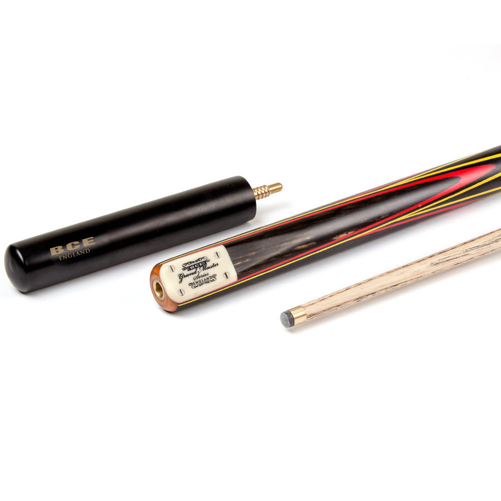 BCE 3 Piece Grand Master Snooker Cue - 3/4 Cut Cue - Layered Ebonised Black Wood Butt - 9.5mm Tip - 145cm - Black/Red/ Yellow
