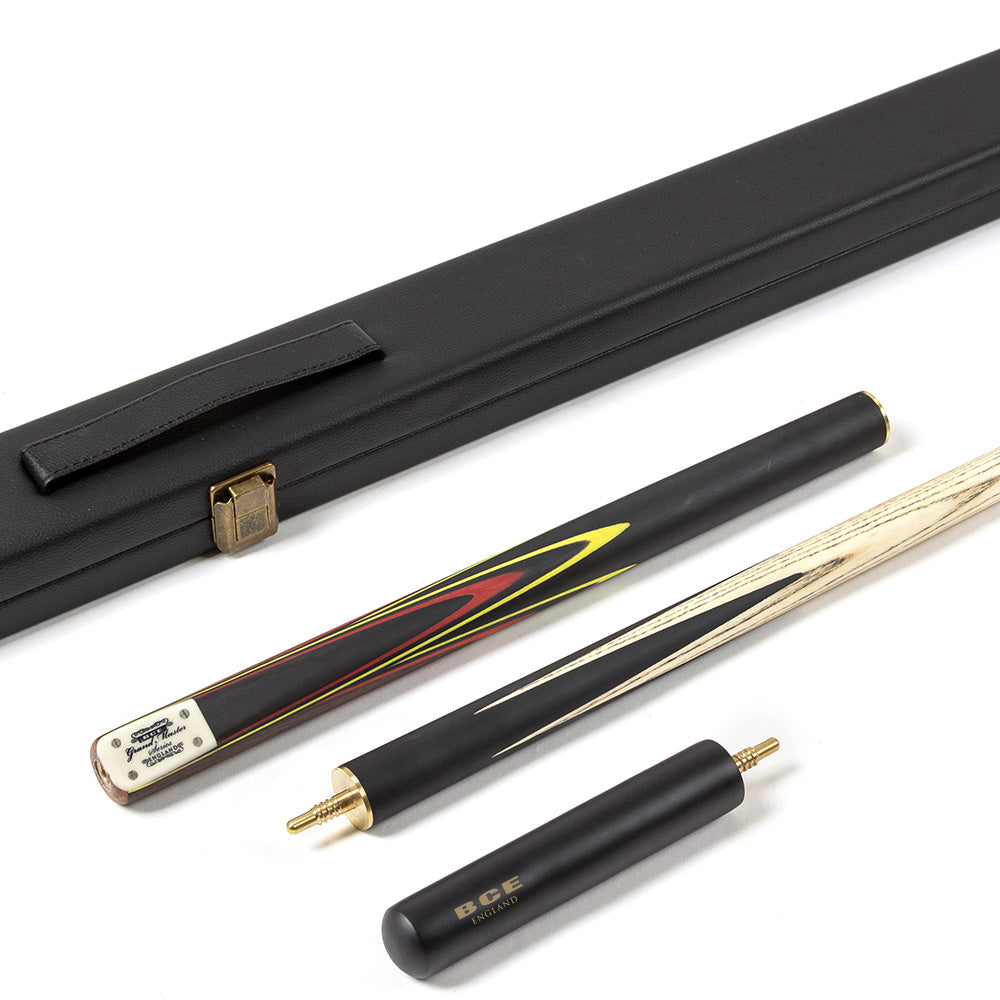 BCE 3 Piece Grand Master Snooker Cue - 3/4 Cut Cue - Layered Ebonised Black Wood Butt - 9.5mm Tip - 145cm - Black/Red/ Yellow