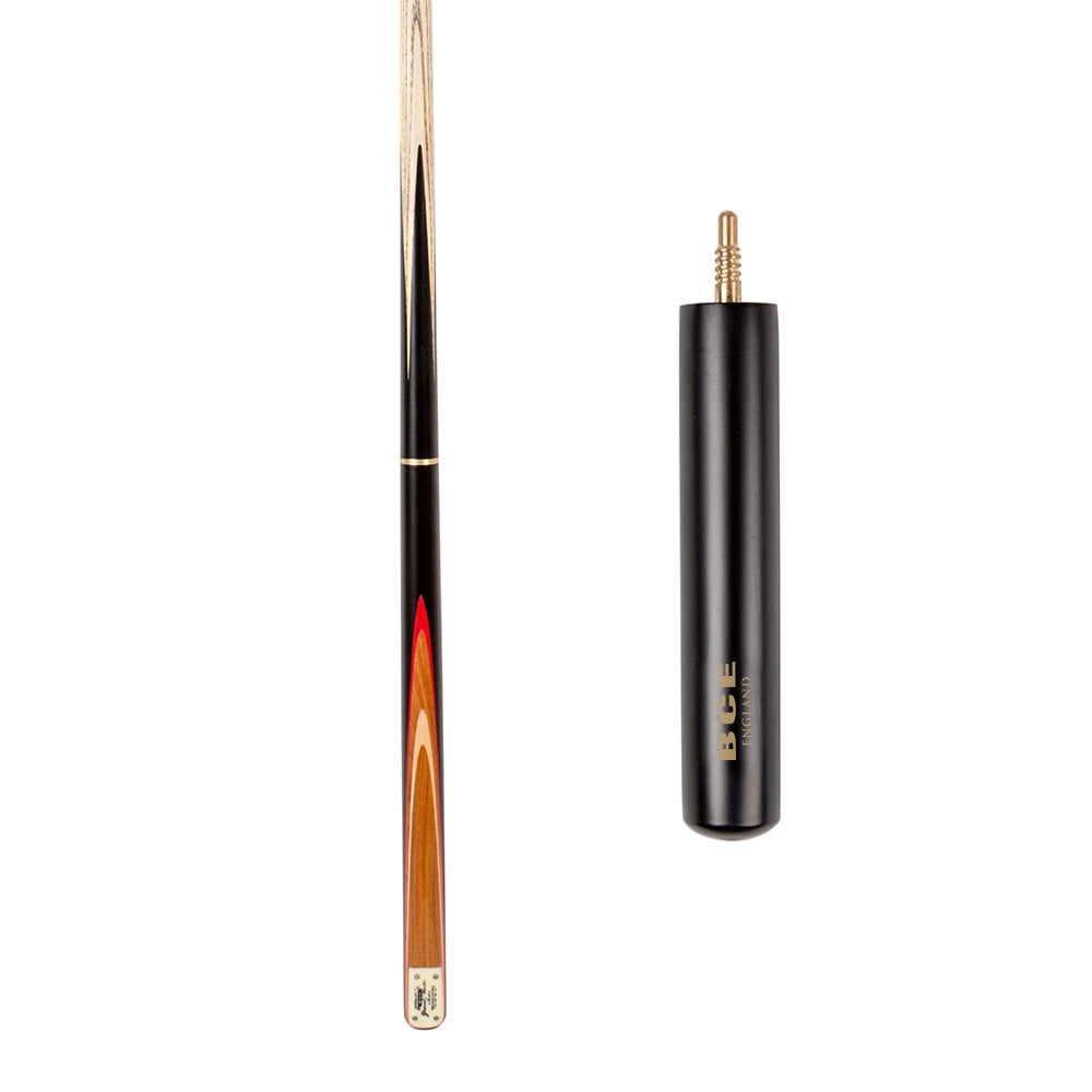 BCE 3 Piece Grand Master Snooker Cue - 3/4 Cut Cue - Layered Ebonised Black Wood Butt - 9.5mm Tip - 145cm - Black/ Natural/ Red