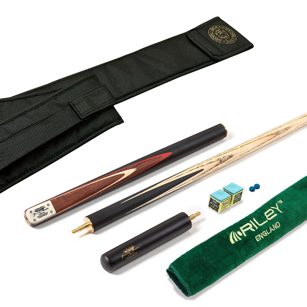 BCE 3 Piece Grand Master Snooker Cue - 3/4 Cut Cue - Layered Ebonised Black Wood Butt - 9.5mm Tip - 145cm - Black/ Natural/ Red