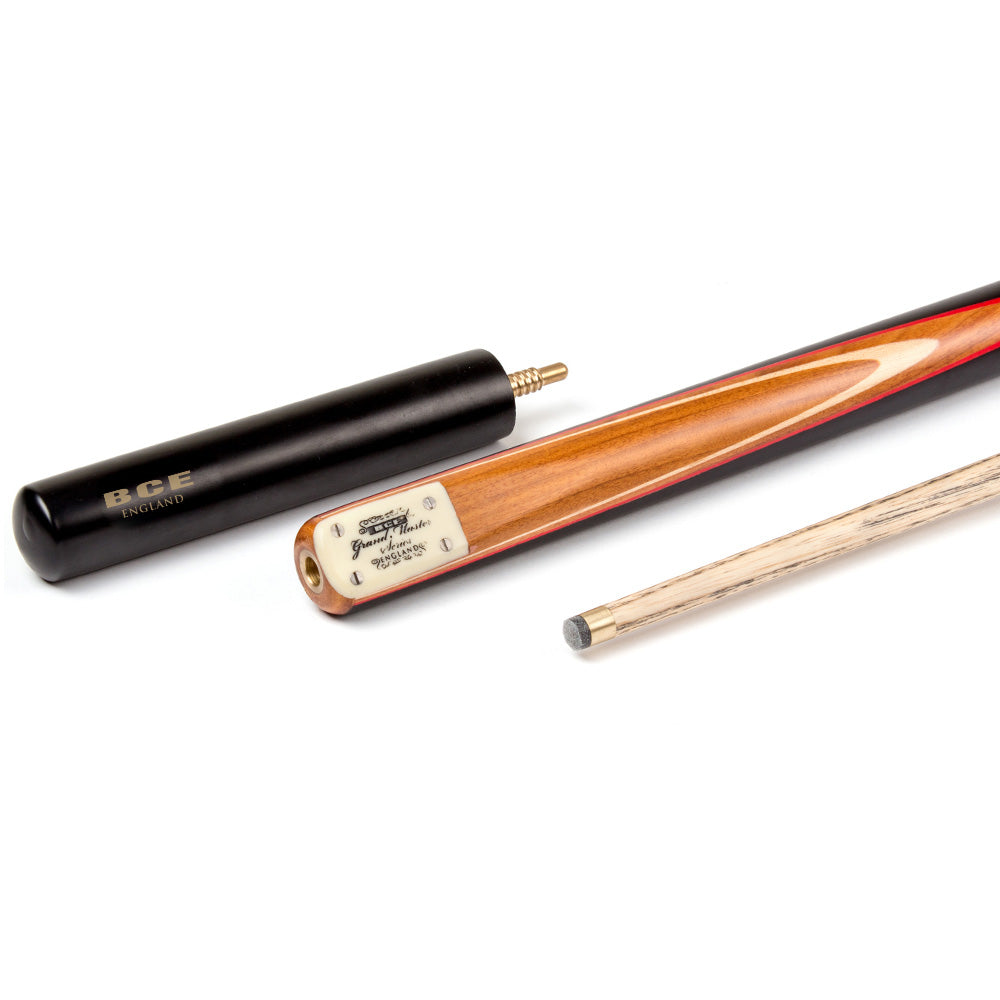 BCE 3 Piece Grand Master Snooker Cue - 3/4 Cut Cue - Layered Ebonised Black Wood Butt - 9.5mm Tip - 145cm - Black/ Natural/ Red