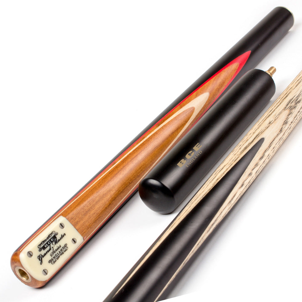 BCE 3 Piece Grand Master Snooker Cue - 3/4 Cut Cue - Layered Ebonised Black Wood Butt - 9.5mm Tip - 145cm - Black/ Natural/ Red
