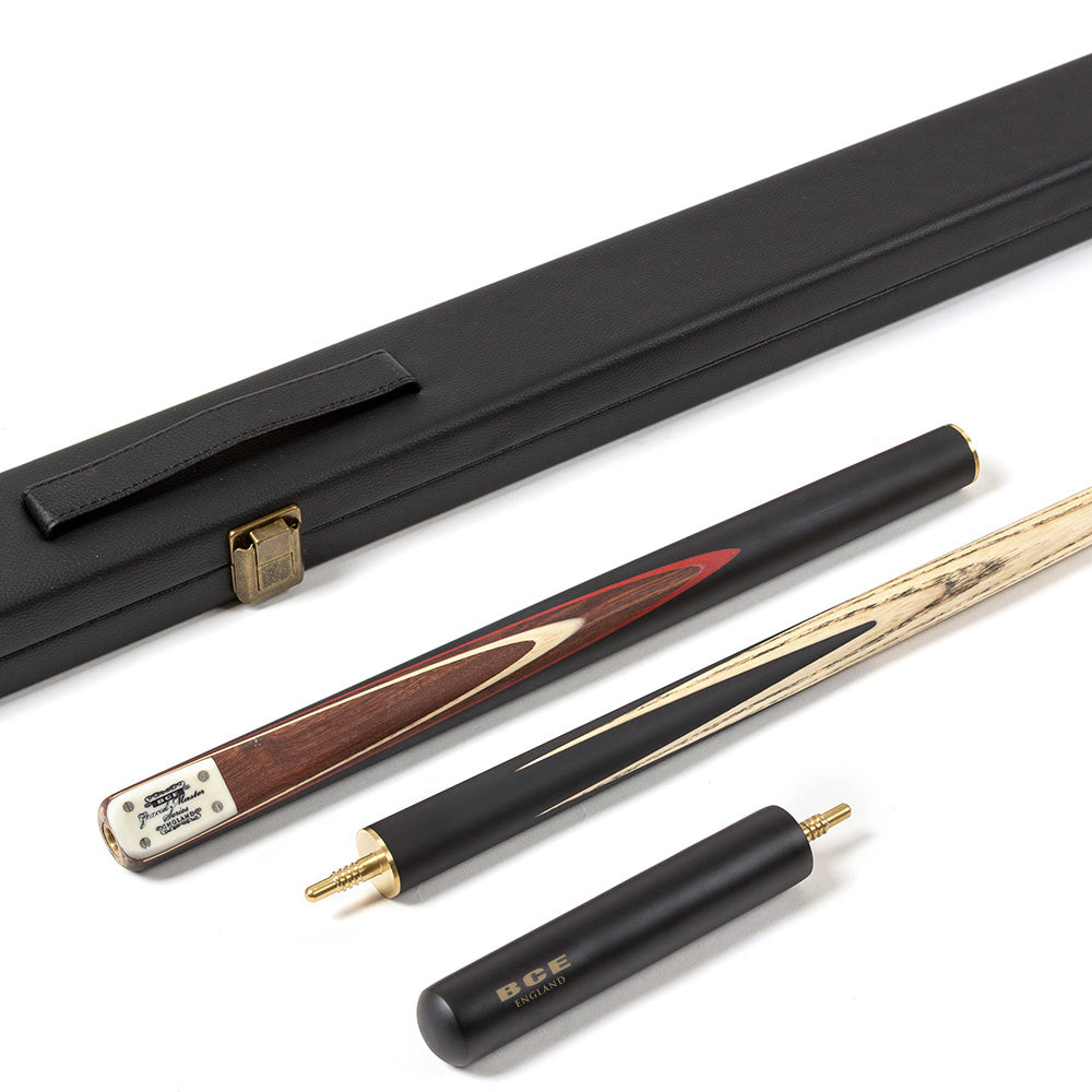 BCE 3 Piece Grand Master Snooker Cue and Hard Case 3/4 Cut- Layered Ebonised Black Wood Butt - 9.5mm Tip - 145cm - Black/ Natural/ Red