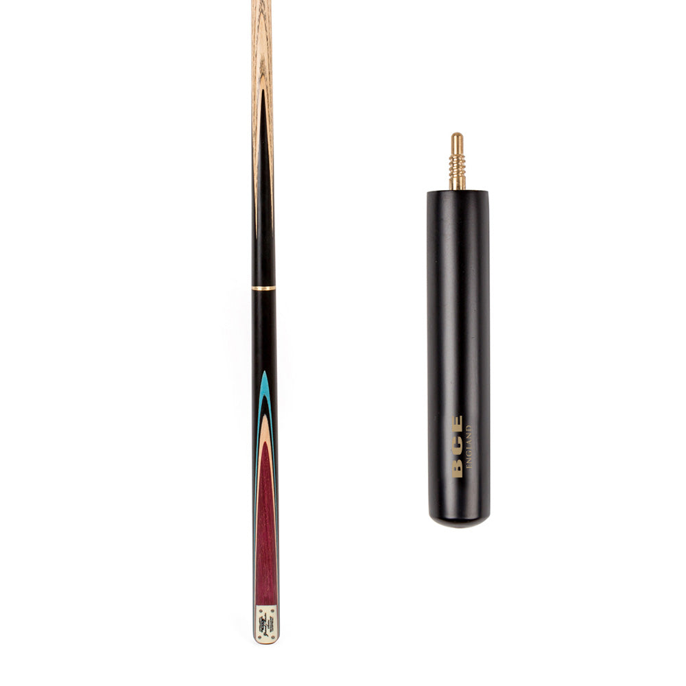 BCE 3 Piece Grand Master Snooker Cue and Hard Case 3/4 Cut- Layered Ebonised Black Wood Butt - 9.5mm Tip - 145cm - Black/Natural/ Blue
