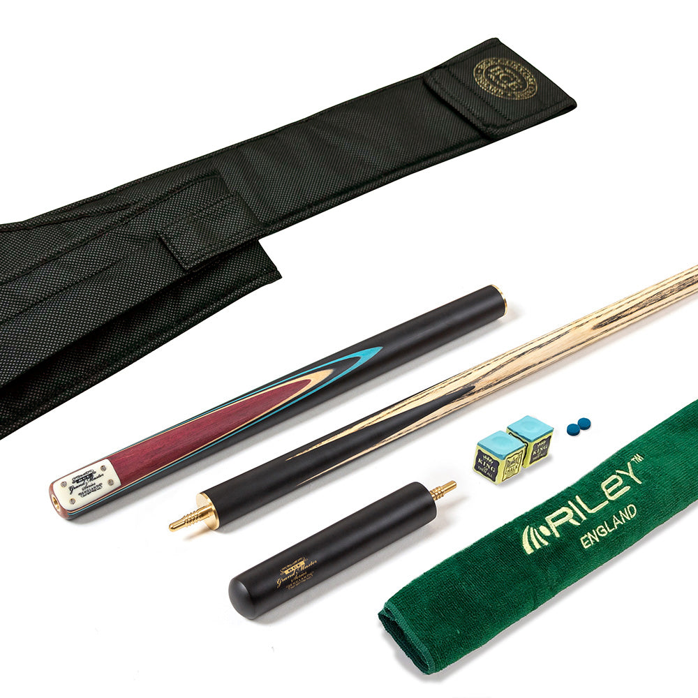 BCE 3 Piece Grand Master Snooker Cue - 3/4 Cut Cue - Layered Ebonised Black Wood Butt - 9.5mm Tip - 145cm - Black/Natural/ Blue